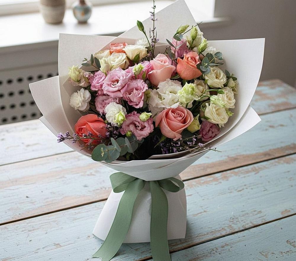 Букет цветов из: Розы, Лизиантусы и Гвоздики в Грановщине